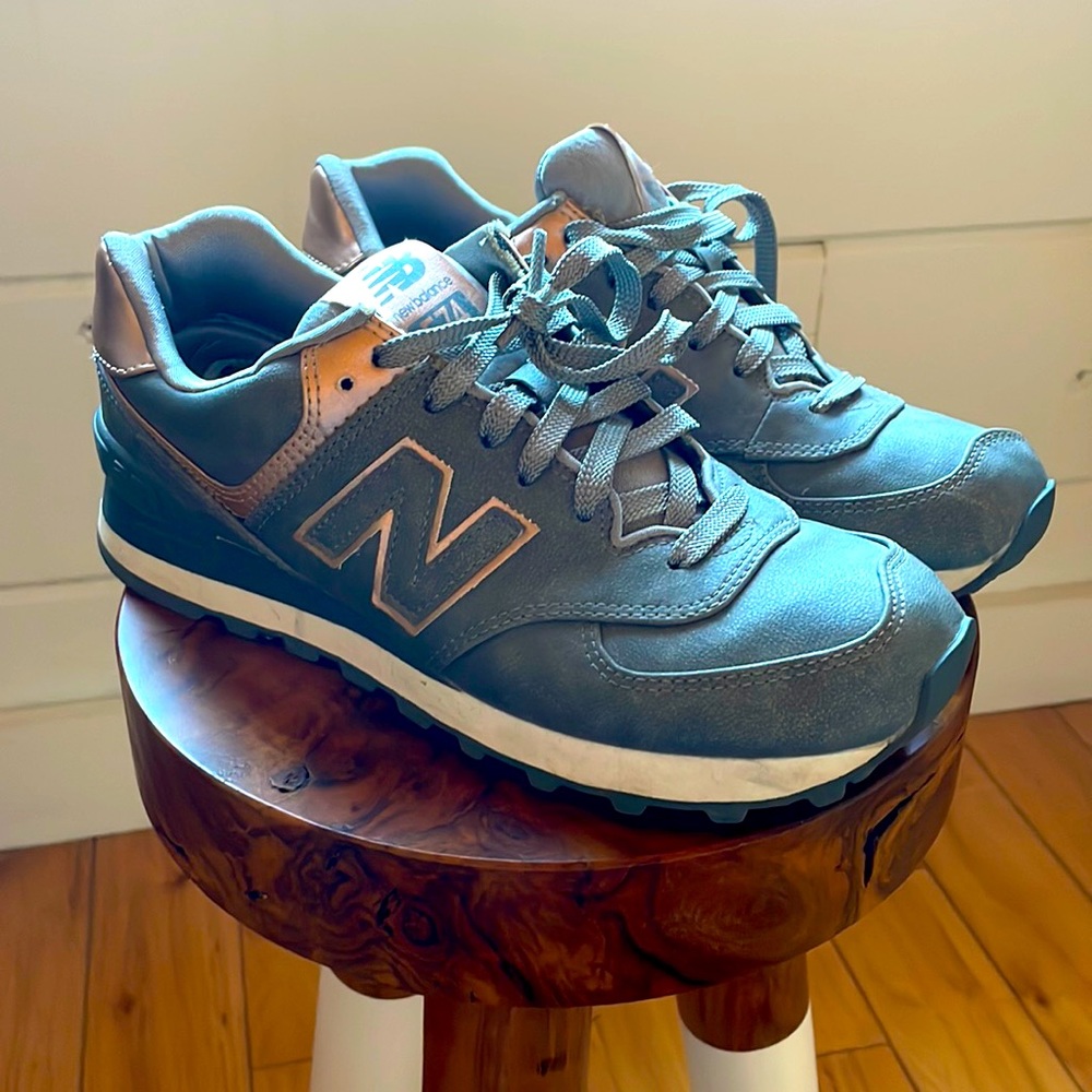 New Balance 574s gray and rose gold womens sneakers